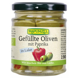 Oliven grün, gefüllt mit Paprika in Lake