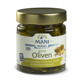 Grüne Oliven m. Fenchel & rosa Pfeffer in Olivenöl